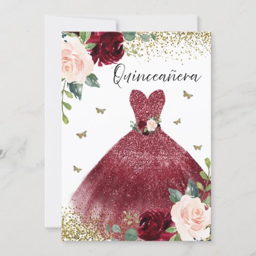 Burgundy Red Gown Dress Blush Floral Quinceanera Invitation