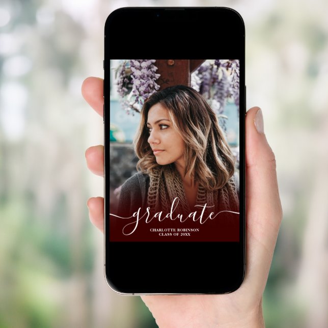 Burgundy red graduate script photo graduation invitation (Front Digital)