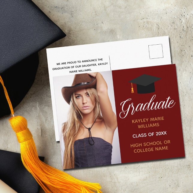 Burgundy Red Graduation Photo Chic 2023 Graduate Postcard (Creator Uploaded)