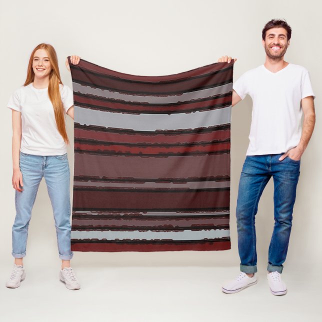 Burgundy Red Gray Mauve Taupe Stripes Pattern Fleece Blanket (In Situ)