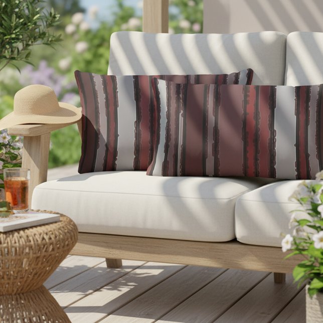 Burgundy Red Gray Mauve Taupe Stripes Pattern Lumbar Pillow (Creator Uploaded)