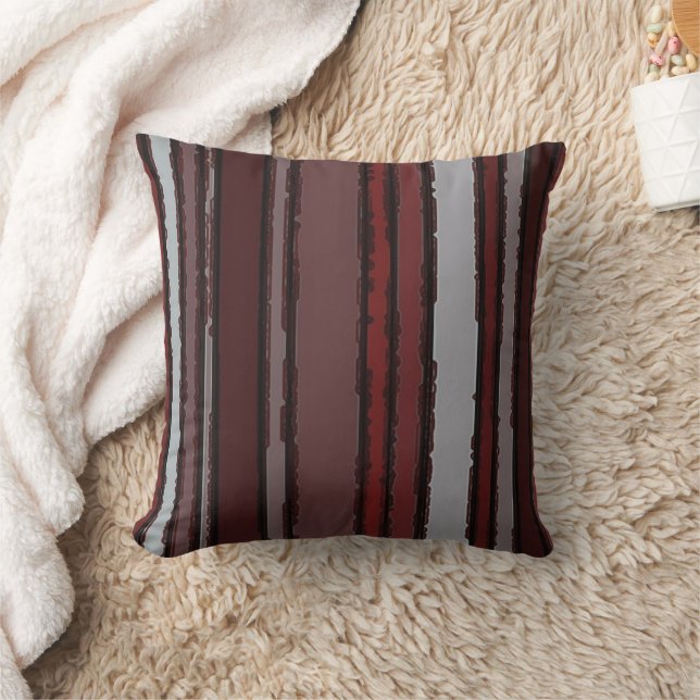 Burgundy Red Gray Mauve Taupe Stripes Pattern Throw Pillow (Blanket)