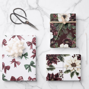 Burgundy Red Green Christmas Bows Wrapping Paper Sheets