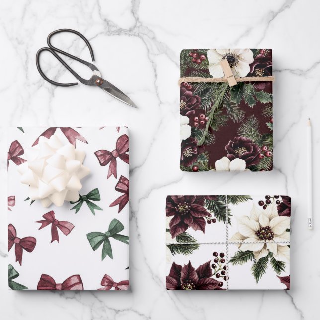 Burgundy Red Green Christmas Bows Wrapping Paper Sheets (Front)