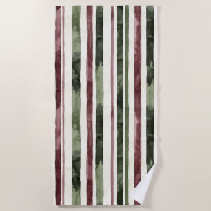 Burgundy Red Green Cream Stripes Beach Towel