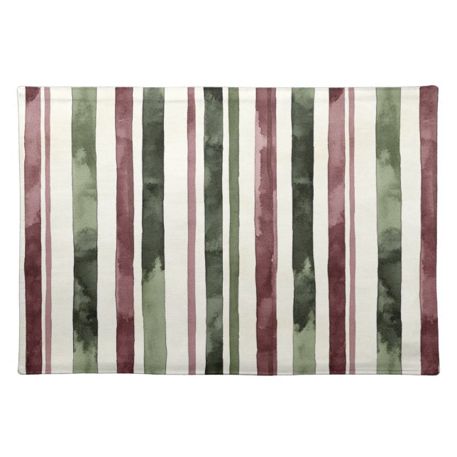 Burgundy Red Green Cream Stripes Christmas Cloth Placemat (Front)