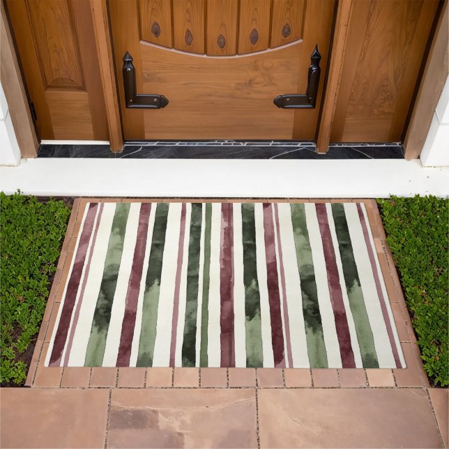 Burgundy Red Green Cream Stripes Christmas Doormat (Outdoor)