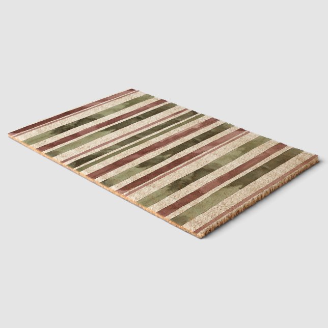 Burgundy Red Green Cream Stripes Christmas Fiber Doormat (Corner)