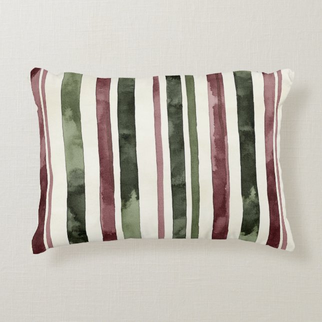 Burgundy Red Green Cream Stripes Christmas Floral Accent Pillow (Front)