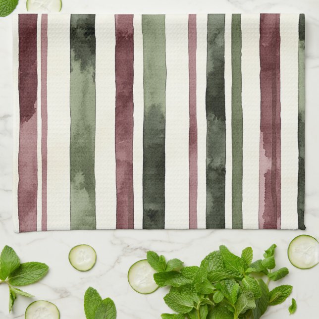 Burgundy Red Green Cream Stripes Christmas Kitchen Towel (Folded)
