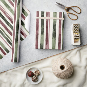 Burgundy Red Green Cream Stripes Christmas Wrapping Paper