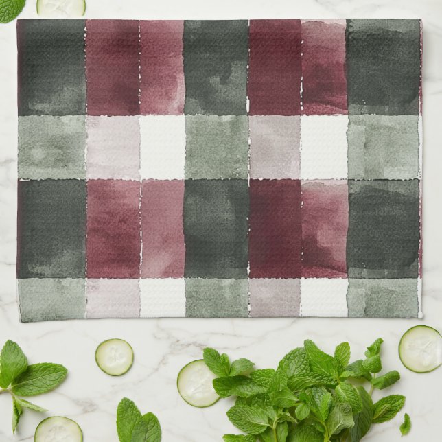 Burgundy Red Green Cream White Plaid Stripes   Kitchen Towel (Folded)