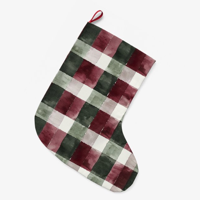 Burgundy Red Green Cream White Plaid Stripes   Large Christmas Stocking (Front (Hanging))