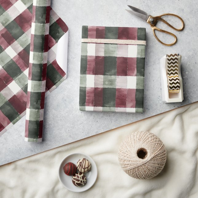 Burgundy Red Green Cream White Plaid Stripes   Wrapping Paper (Crafts)