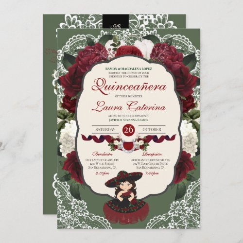 Burgundy Red Green Floral Rose Charro Quinceanera Invitation