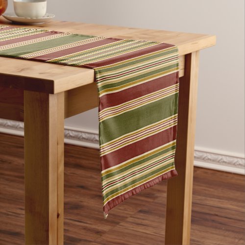 Burgundy Red Green Ochre Yellow Stripes Pattern Long Table Runner