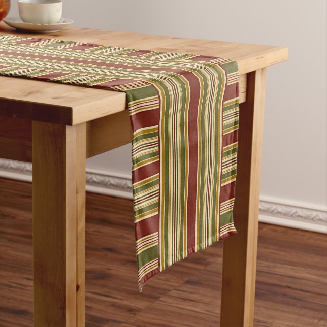 Burgundy Red Green Ochre Yellow Stripes Pattern Short Table Runner (In Situ)