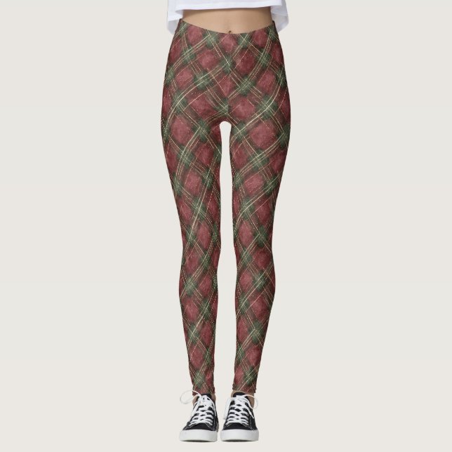 Burgundy Red Green Plaid Leggings (Front)