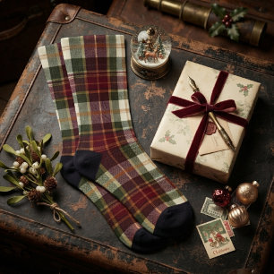 Burgundy Red & Green Traditional Christmas Plaid Socks