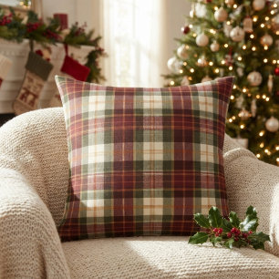Burgundy Red & Green Traditional Christmas Plaid Throw Pillow