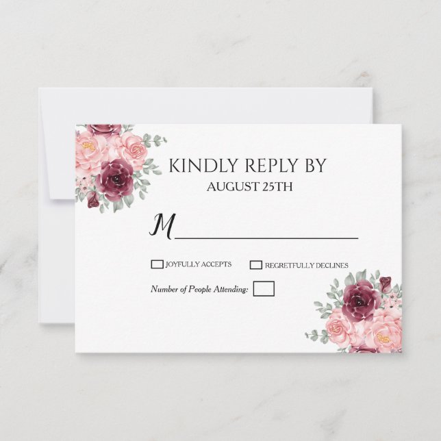Burgundy Red Greenery Floral Watercolor Wedding RSVP Card (Front)