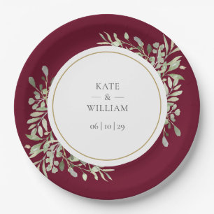 Burgundy Red Greenery Floral Wedding Paper Plates