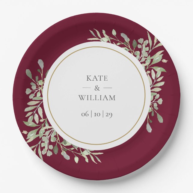 Burgundy Red Greenery Floral Wedding Paper Plates (Front)