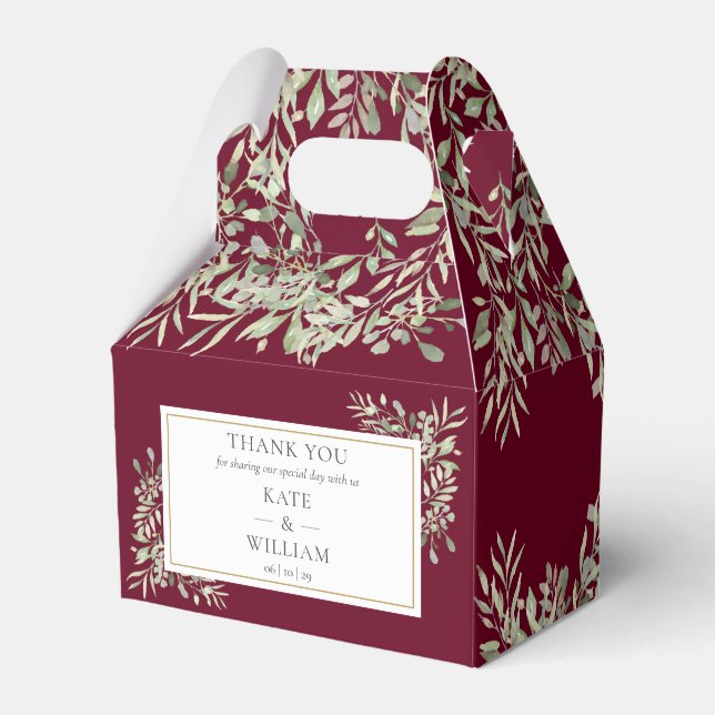 Burgundy Red Greenery Floral Wedding Thank You Favor Boxes (Front Side)