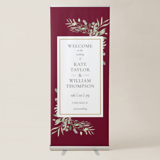 Burgundy Red Greenery Floral Wedding Welcome Retractable Banner (Front)