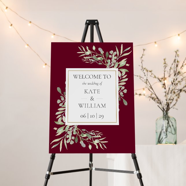 Burgundy Red Greenery Floral Wedding Welcome Sign (In Situ (Stand))