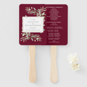 Burgundy Red Greenery Wedding Program Hand Fan