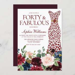 Burgundy Red Heart Dress Floral 40th Birthday Invitation