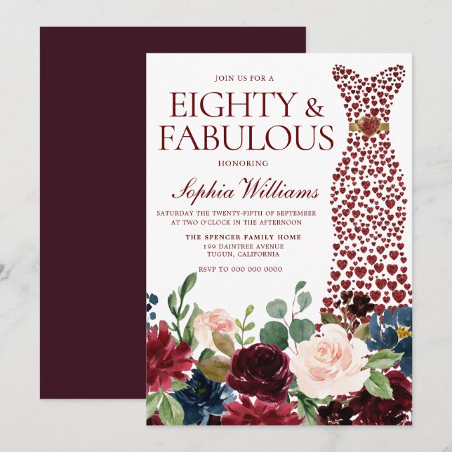 Burgundy Red Heart Dress Floral 80th Birthday Invitation (Front/Back)