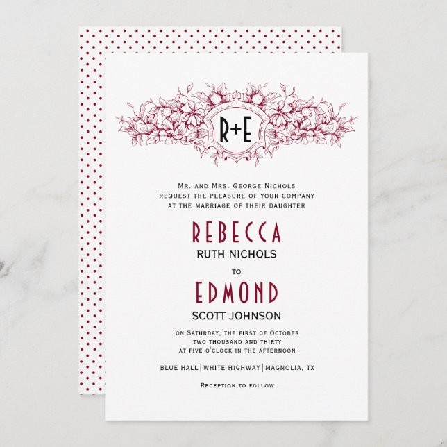 Burgundy red heraldic crest with initials wedding invitation (Front/Back)