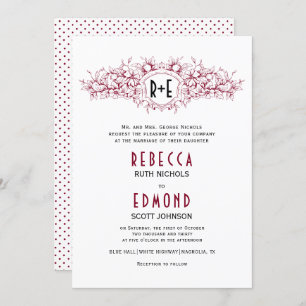 Burgundy red heraldic crest with initials wedding invitation