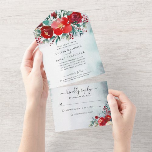 Burgundy Red Holly Berries Floral Winter Wedding All In One Invitation