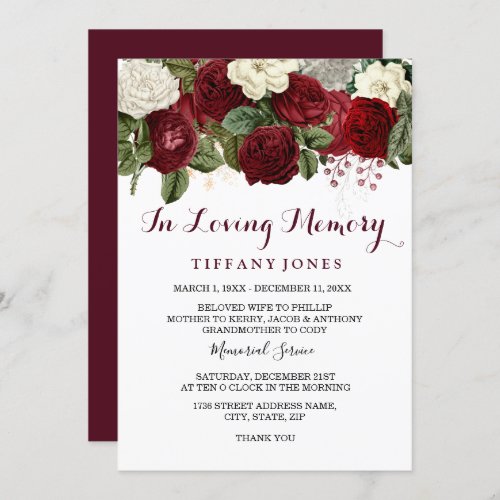 Burgundy Red In Loving memory Memorial Service Invitation