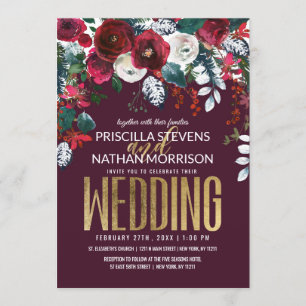 Burgundy Red Ivory Floral Arrangement Gold Wedding Invitation