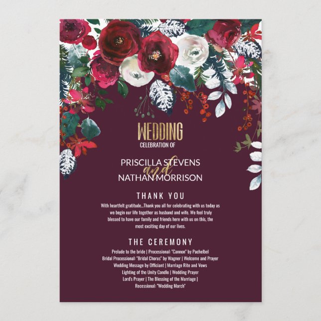 Burgundy Red Ivory Floral Arrangement Gold Wedding Program (Front)