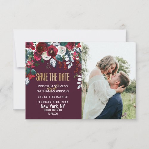 Burgundy Red Ivory Floral Arrangement Gold Wedding Save The Date