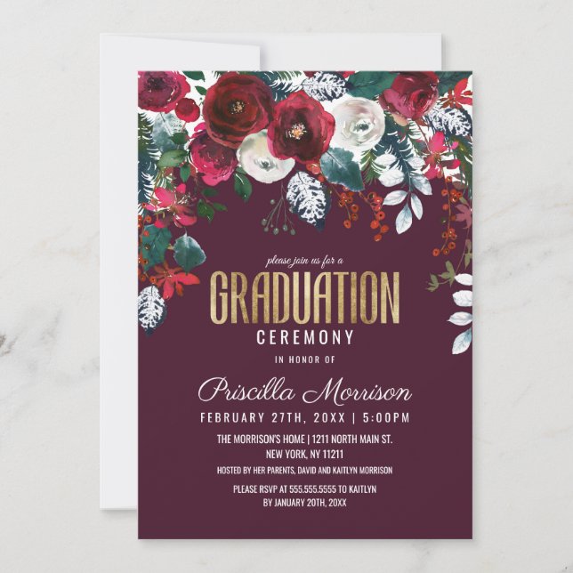 Burgundy Red Ivory Floral Arrangement Graduation Invitation (Front)