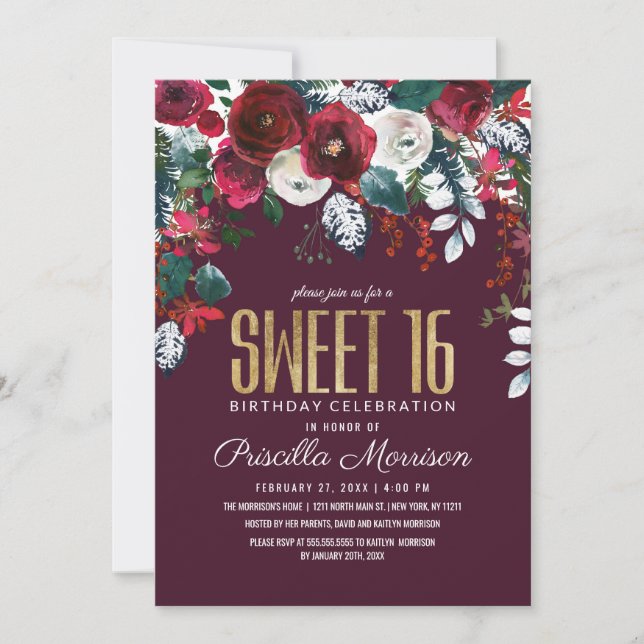 Burgundy Red Ivory Floral Arrangement Sweet 16 Invitation (Front)