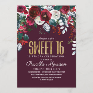 Burgundy Red Ivory Floral Arrangement Sweet 16 Invitation