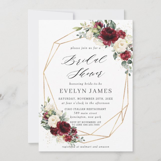 Burgundy Red Ivory Floral Bridal Shower Geometric Invitation (Front)