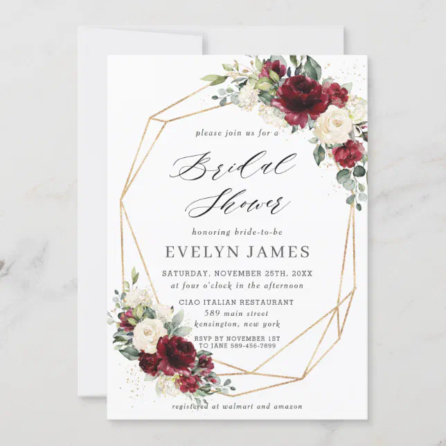 Burgundy Red Ivory Floral Bridal Shower Geometric Invitation | Zazzle