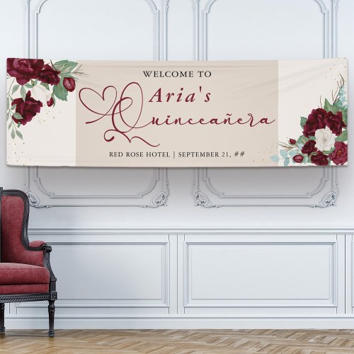 Burgundy Red Ivory Floral Rose Quinceanera Welcome Banner