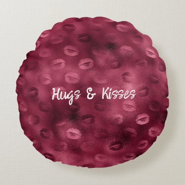 Burgundy Red Kisses Lips Round Pillow (Front)