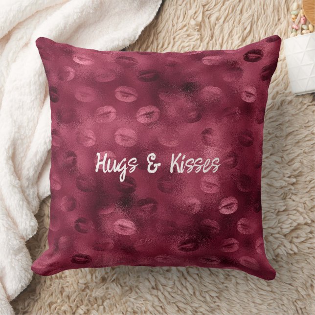 Burgundy Red Kisses Lips Throw Pillow (Blanket)