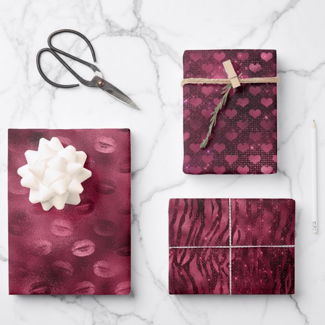 Burgundy Red Kisses Lips Wrapping Paper Sheets (Front)