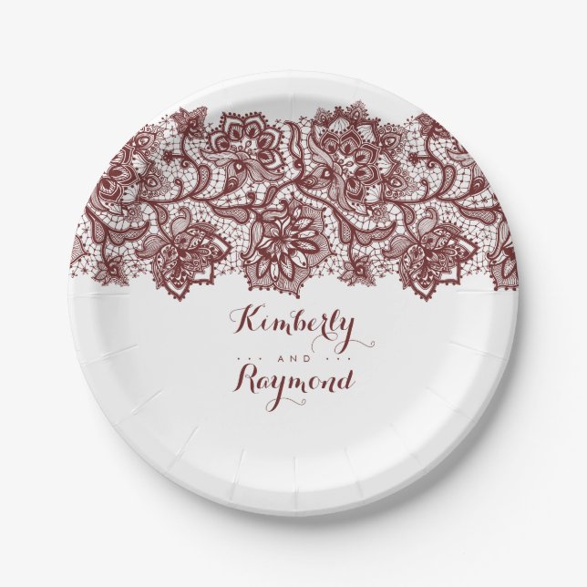 Burgundy Red Lace Elegant Wedding Paper Plates (Front)